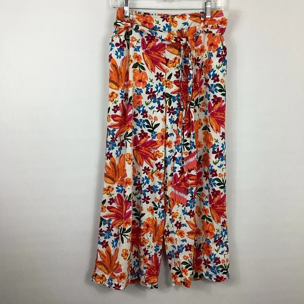 Joie Floral Linen Blend Wide Leg Pants With Beaded Belt Size 8